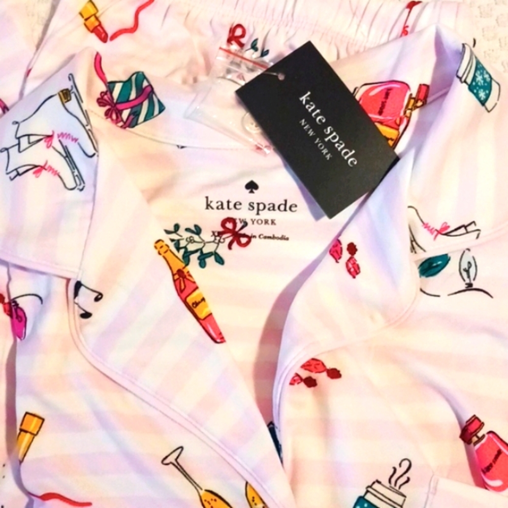 Gorgeous! Kate Spade ⚜️ Light Pink Stripe Festive Pajama Set XL ⛸️🎵👛💄🥂🍾🍸